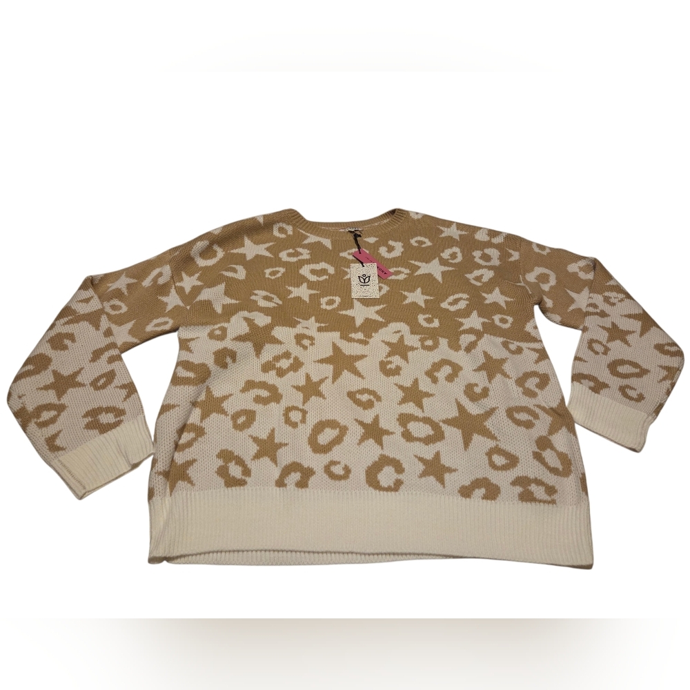 Women’s Andree by Unit Taupe/Ivory Star & Leopard Print Scoop Neck Sweater